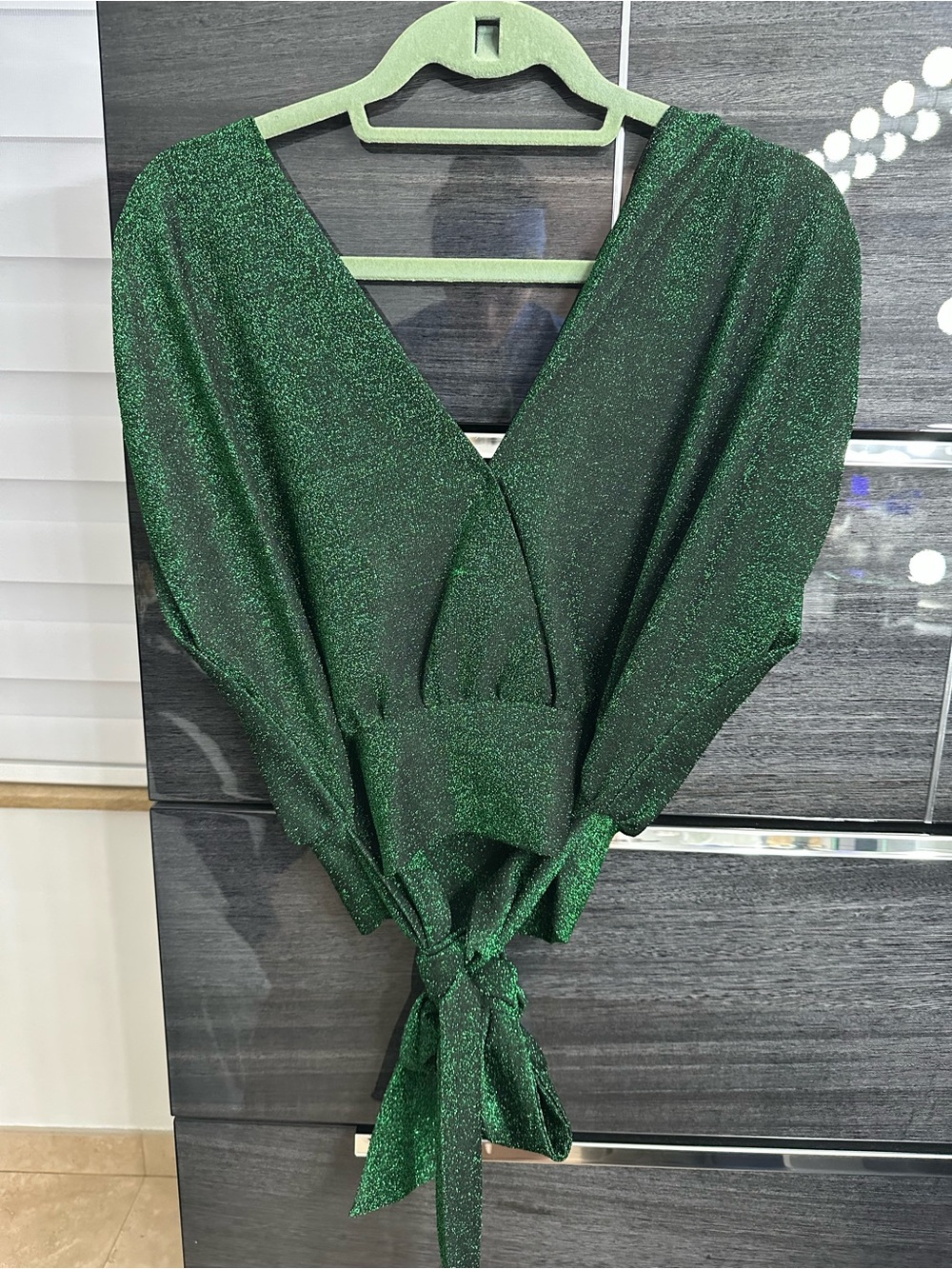 Studio Shimmery Emerald V-Neck Tie-Front Blouse